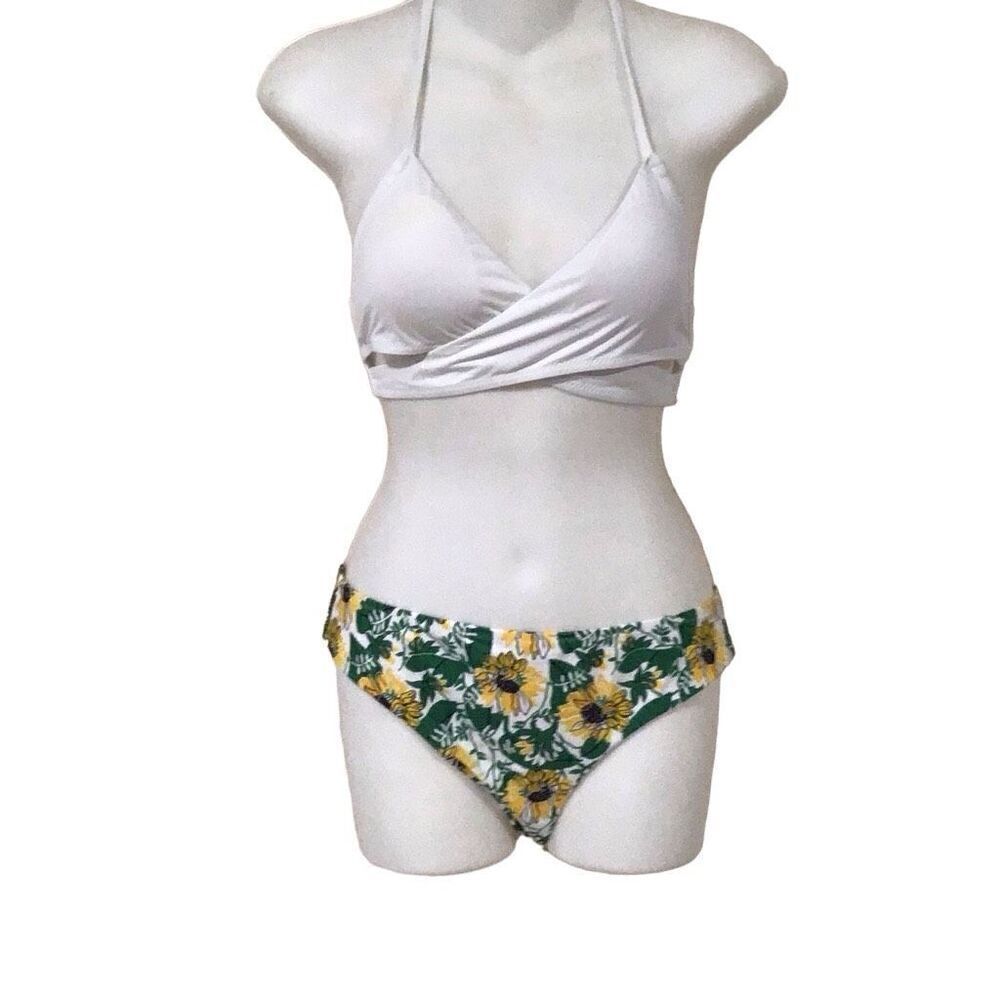 Swim, Swimwear Bikini, Tropical, size Large, White Top, Floral Bottom, Fully Lin